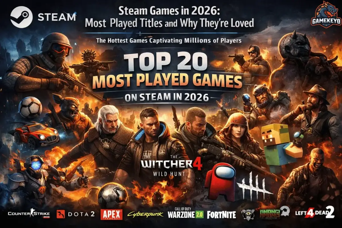 Top 20 most played games on Steam in 2026, featuring Counter-Strike 2, Apex Legends, and more.