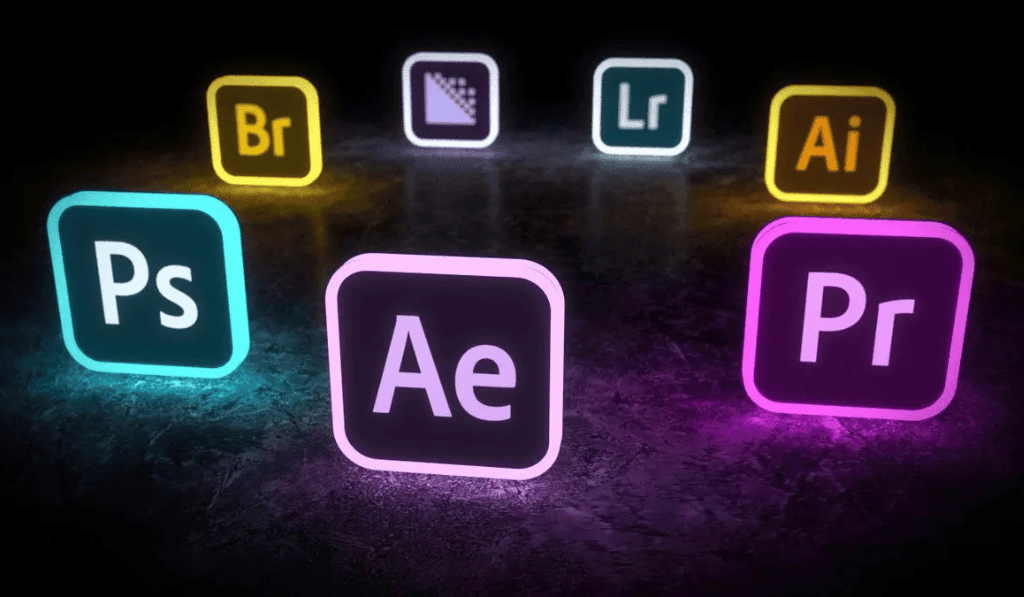 “Neon glowing Adobe Creative Cloud app icons including Photoshop, After Effects, Premiere Pro, Lightroom and Illustrator